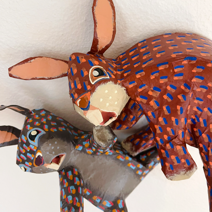 Fight Fight, Two Paper Mache Rabbits Fighting, Front Detail