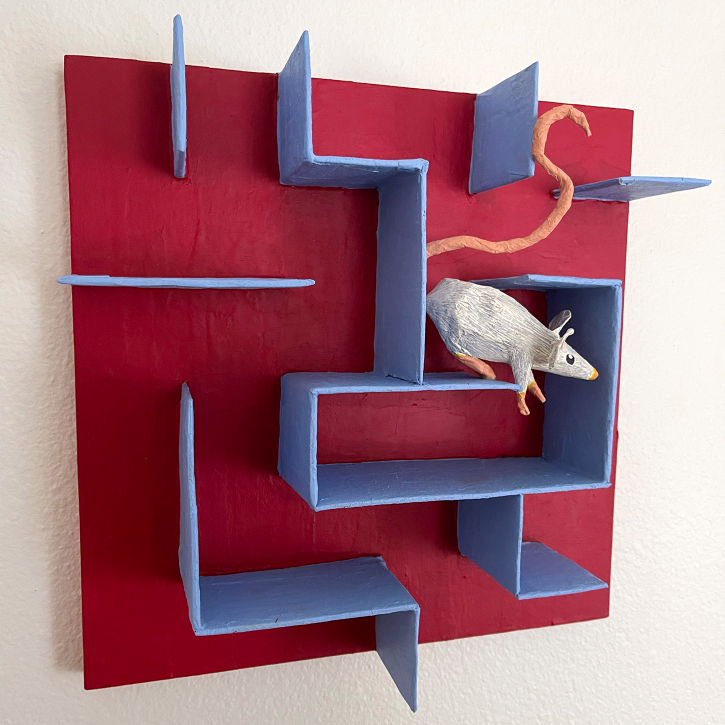 Find Your Way Out, Paper Mache Mouse in a Maze, Side View
