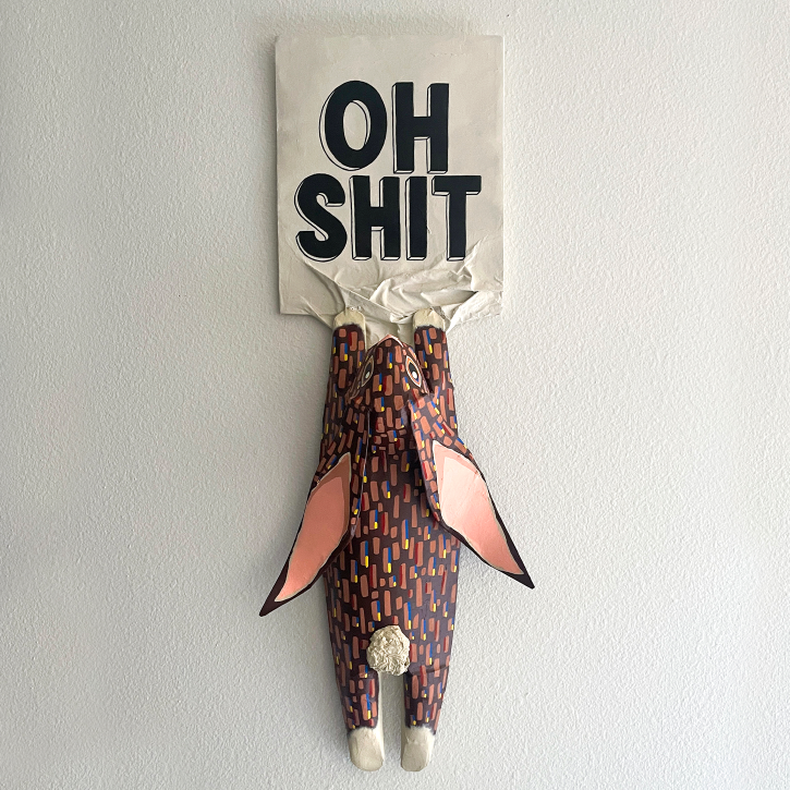 Hang In There, Rabbit Version, Paper Mache Rabbit Hanging on to Oh Shit Sign