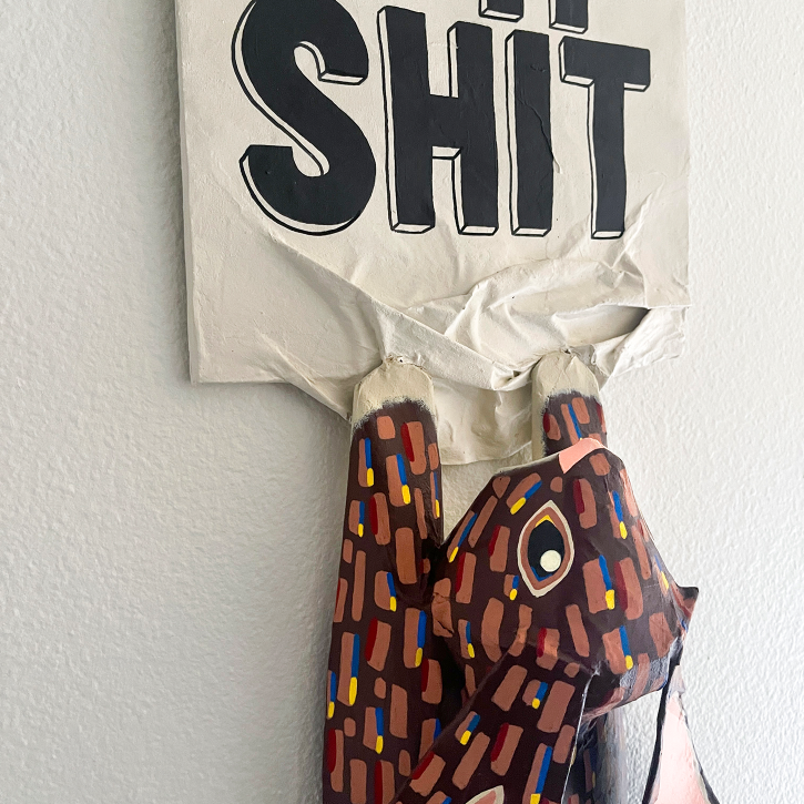 Hang In There, Rabbit Version, Paper Mache Rabbit Hanging on to Oh Shit Sign, Side Detail