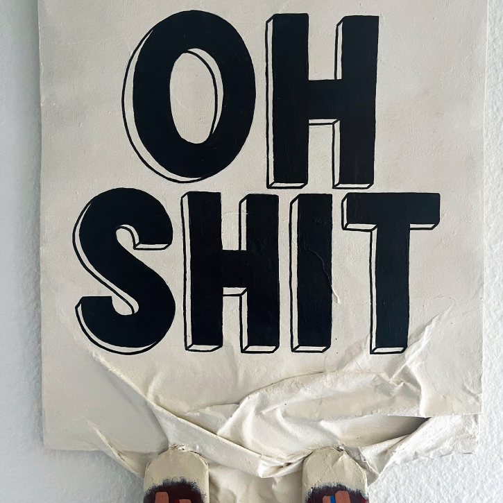 Hang In There, Rabbit Version, Paper Mache Rabbit Hanging on to Oh Shit Sign, Lettering Detail