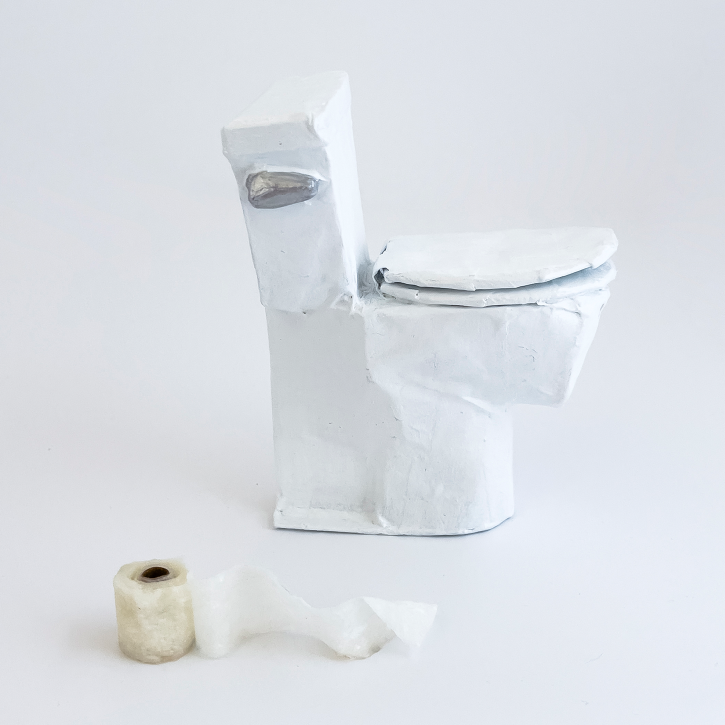 Paper Mache Toilet with Toilet Paper, Side View